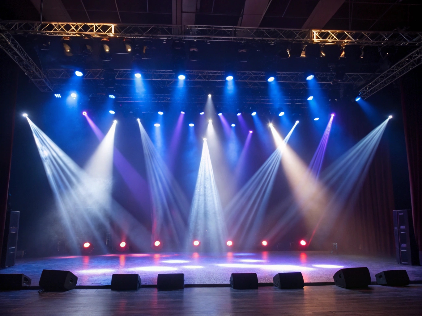 a collage of different stage lights like moving heads, PAR cans, and beam lights in action during a concert
