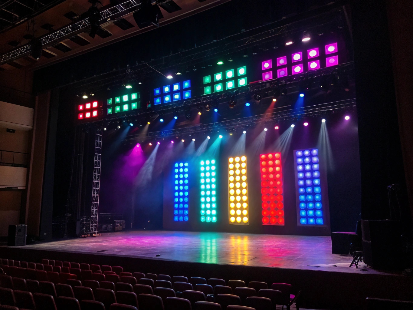 An array of colorful LED stage lights shining brightly