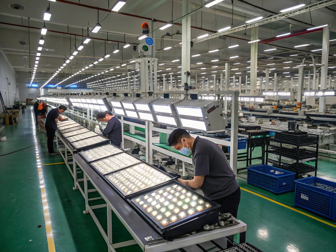 An organized and clean stage lighting factory floor with workers assembling fixtures