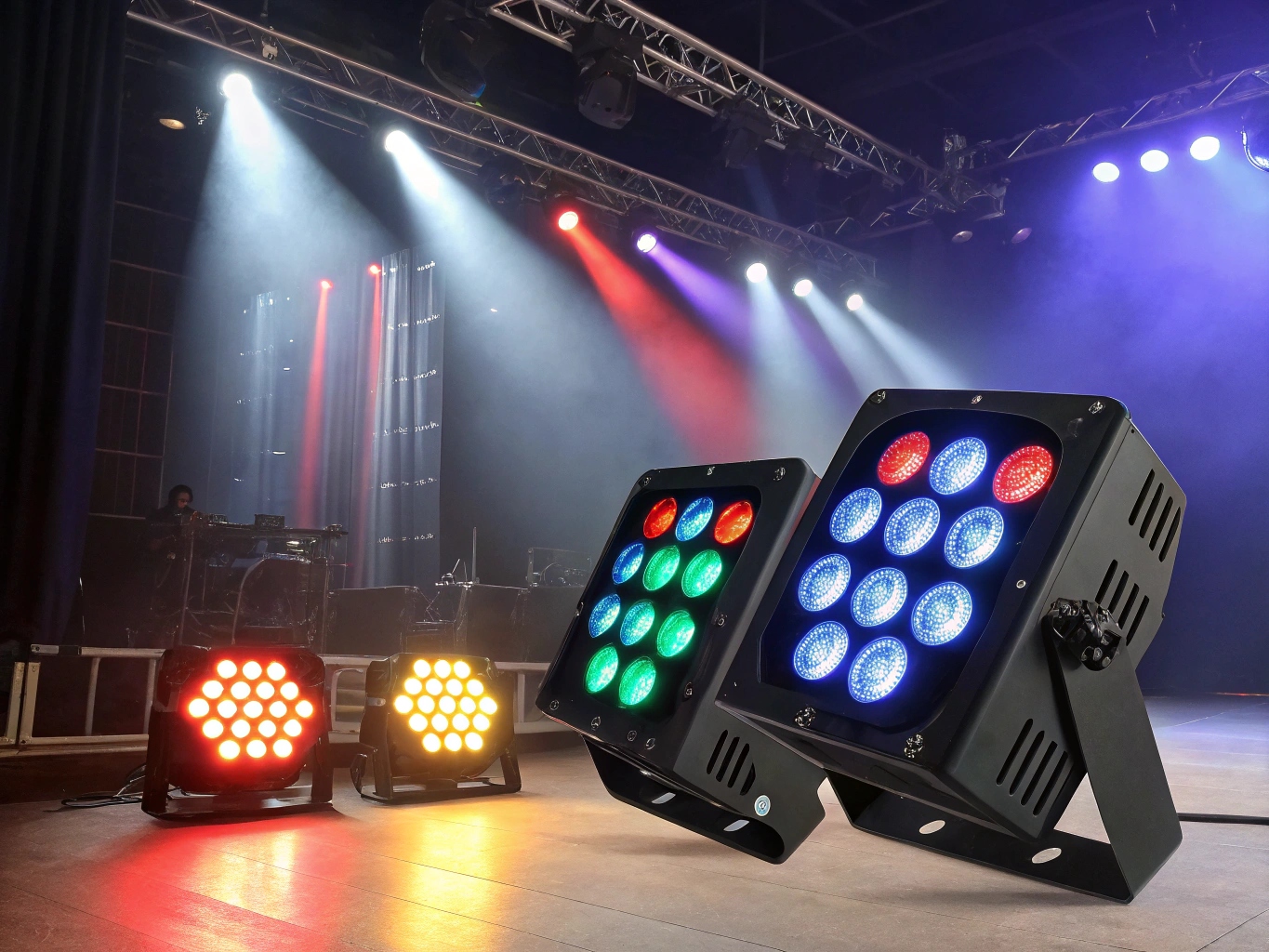 A modern LED profile light projecting a sharp, colorful gobo pattern