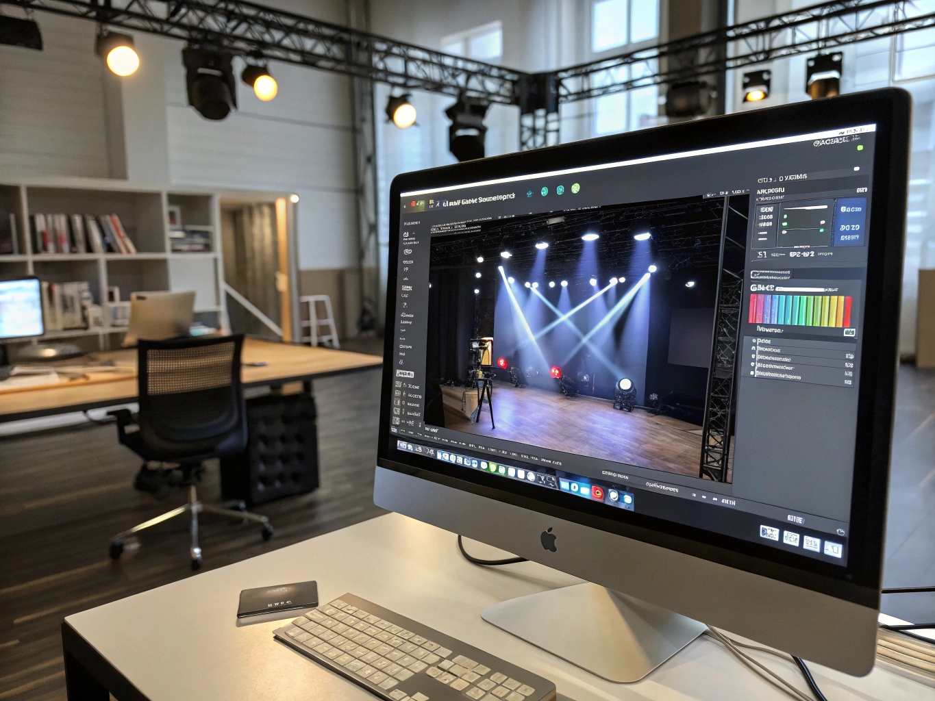 A 3D rendering of a stage with complex lighting simulation software on a computer screen.