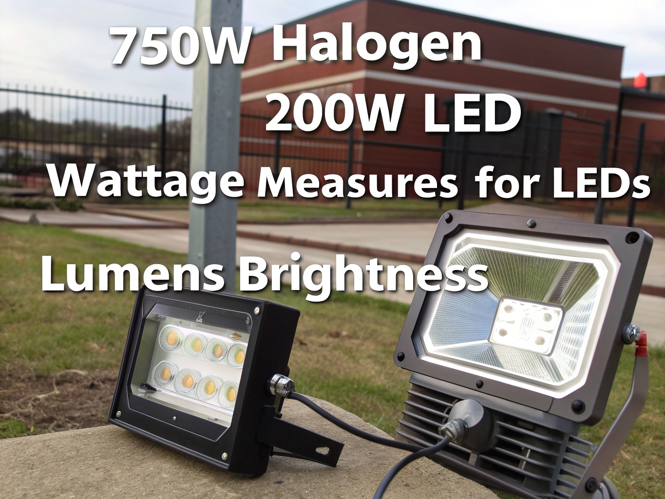 A graphic comparing an old halogen bulb to a new LED engine, showing watts vs lumens