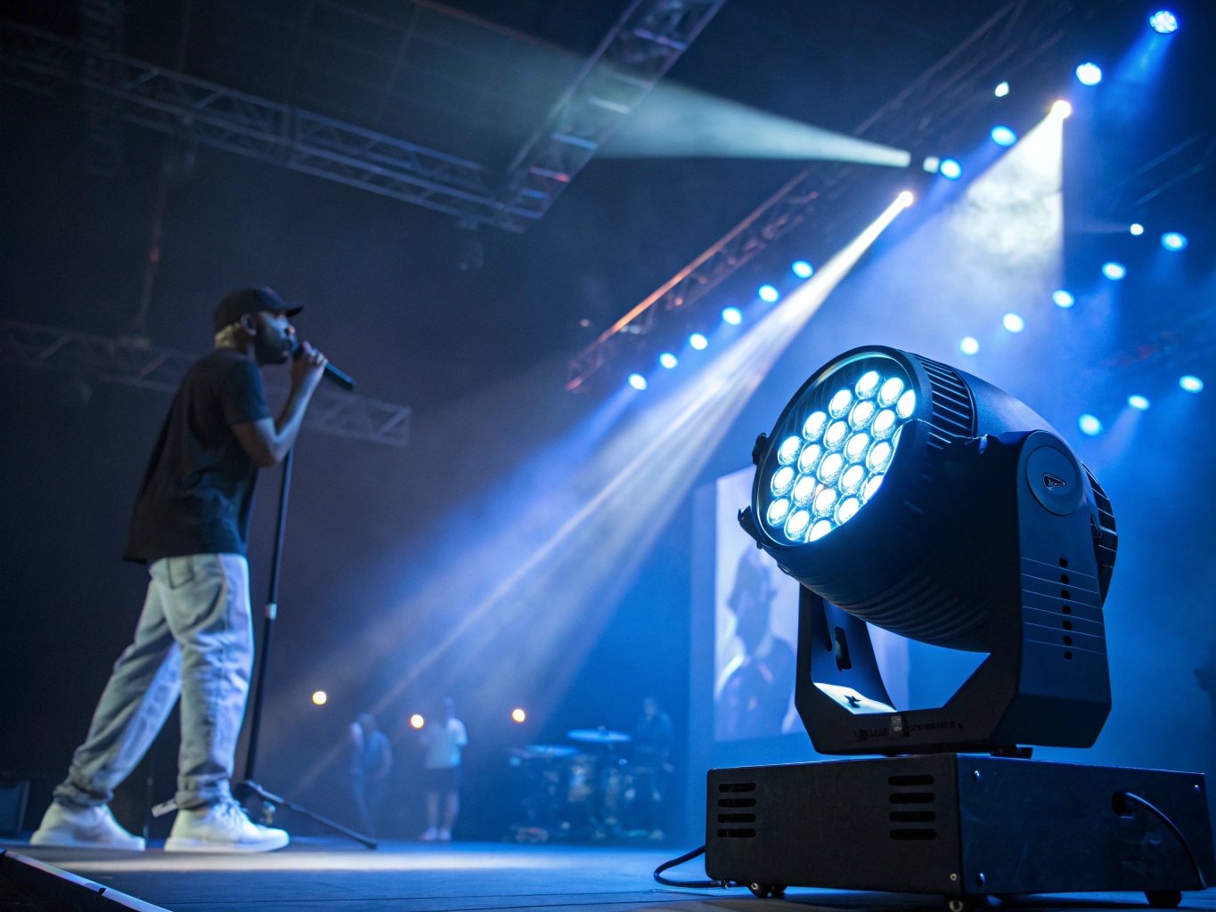 A performer standing comfortably close to a bright LED light, contrasted with a hot, glowing tungsten lamp