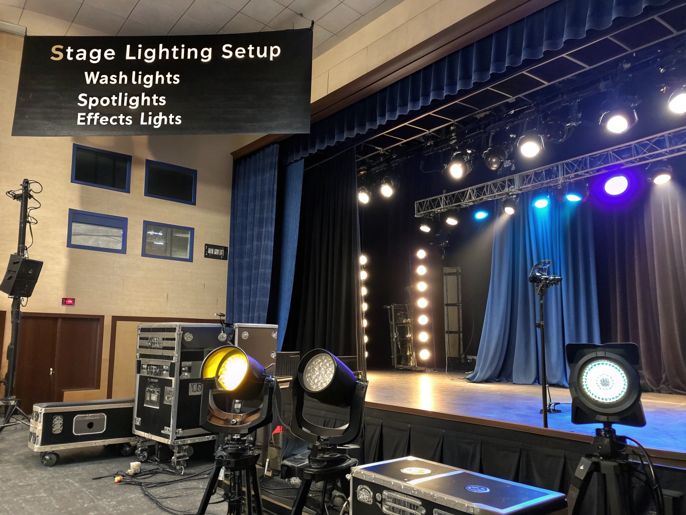 A lighting technician looking thoughtfully at a variety of stage lights