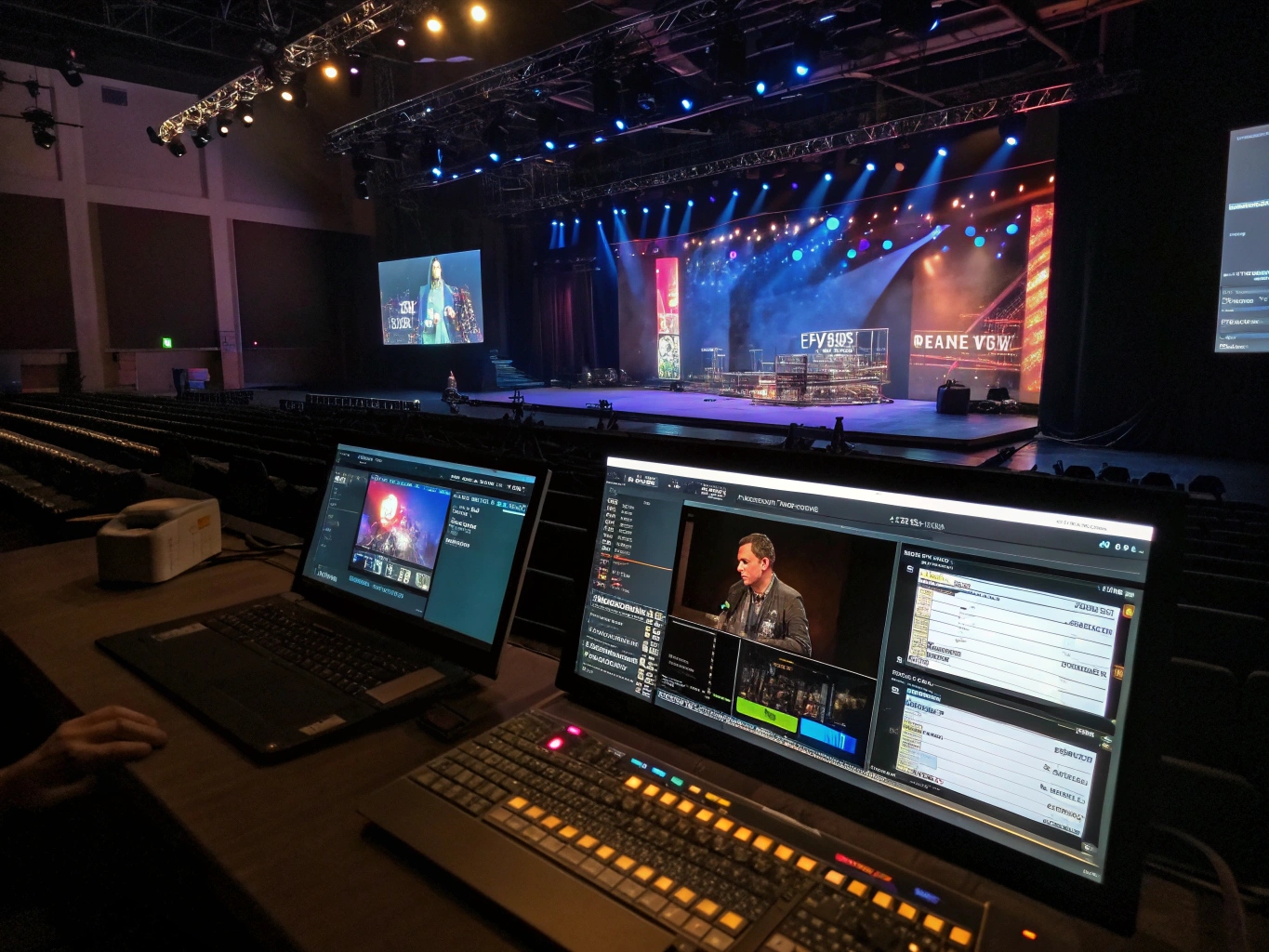 An integrated stage design software showing lights, set pieces, and LED screens all in one 3D environment.