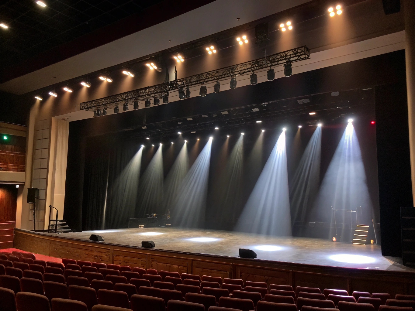 A view of a modern theater ceiling with professional, recessed LED house lights