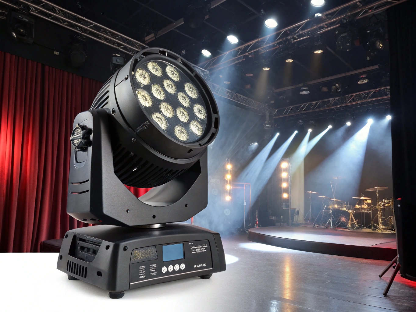 A lineup of sleek LED moving head lights pointing towards the ceiling