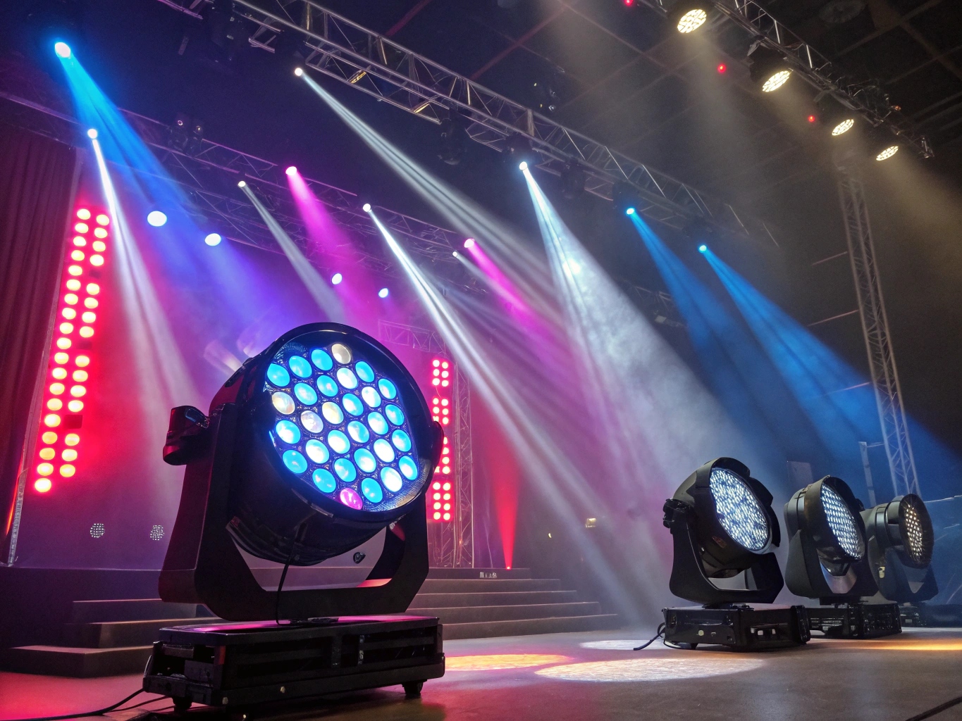 A stage filled with different types of LED lights: PARs, moving heads, and battens