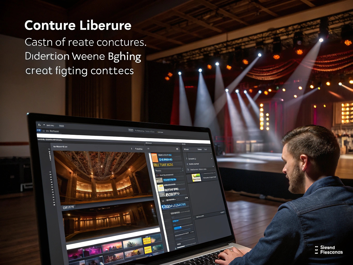 A close-up of a lighting design software showing realistic light beams cutting through haze.