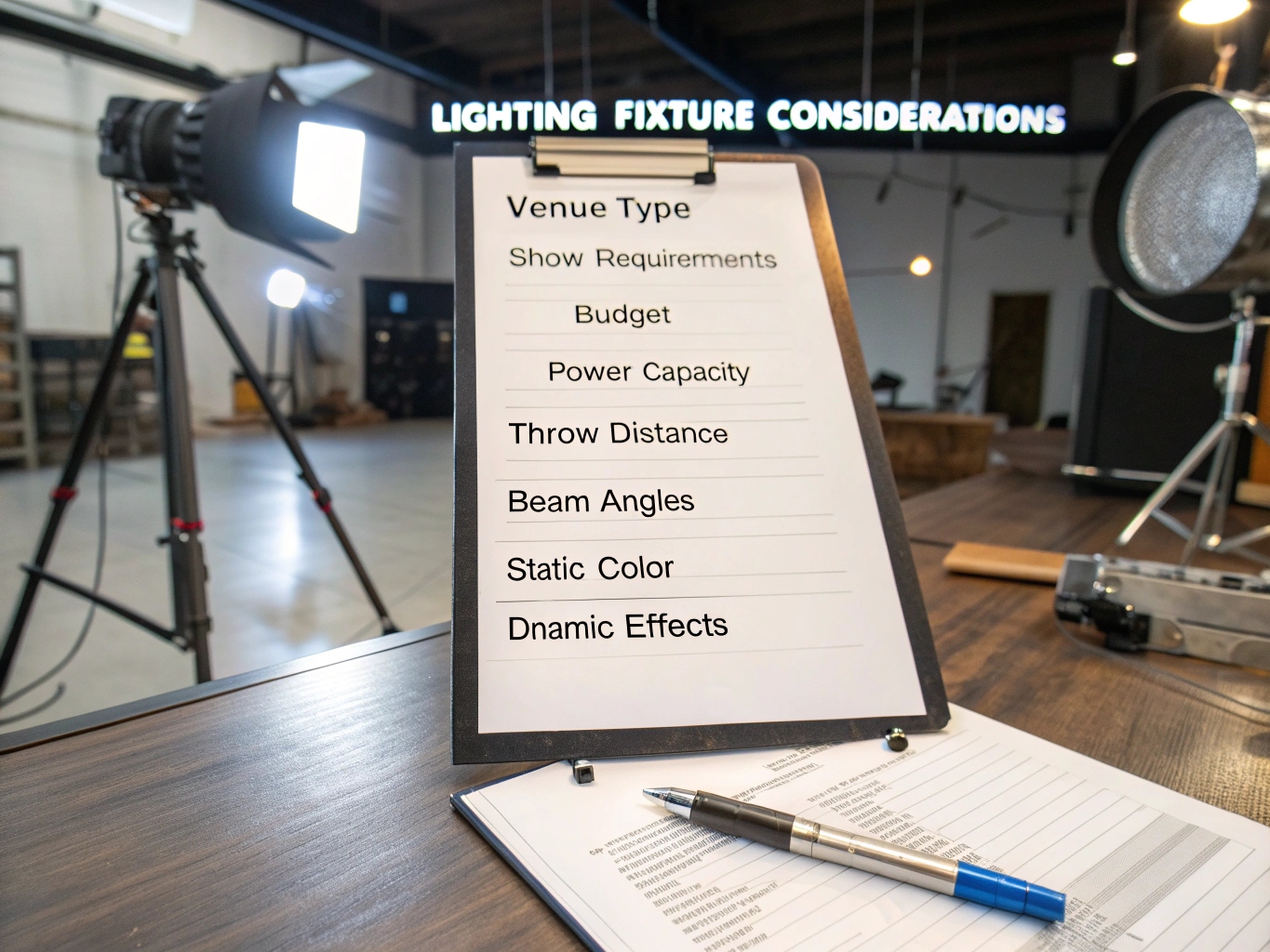 A checklist on a clipboard with a stage in the background
