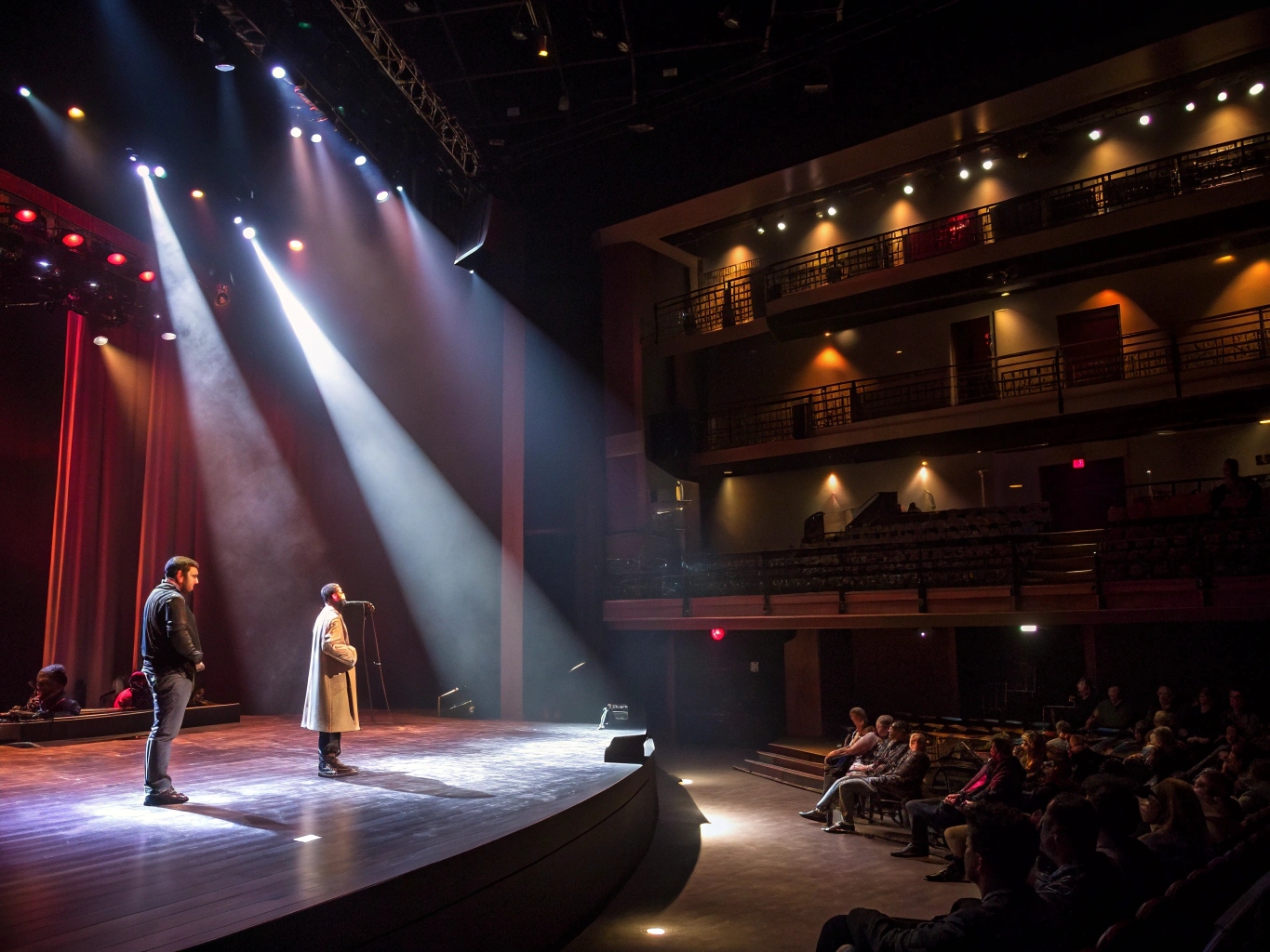 A wide shot of a fully lit theater stage with different areas in different colors