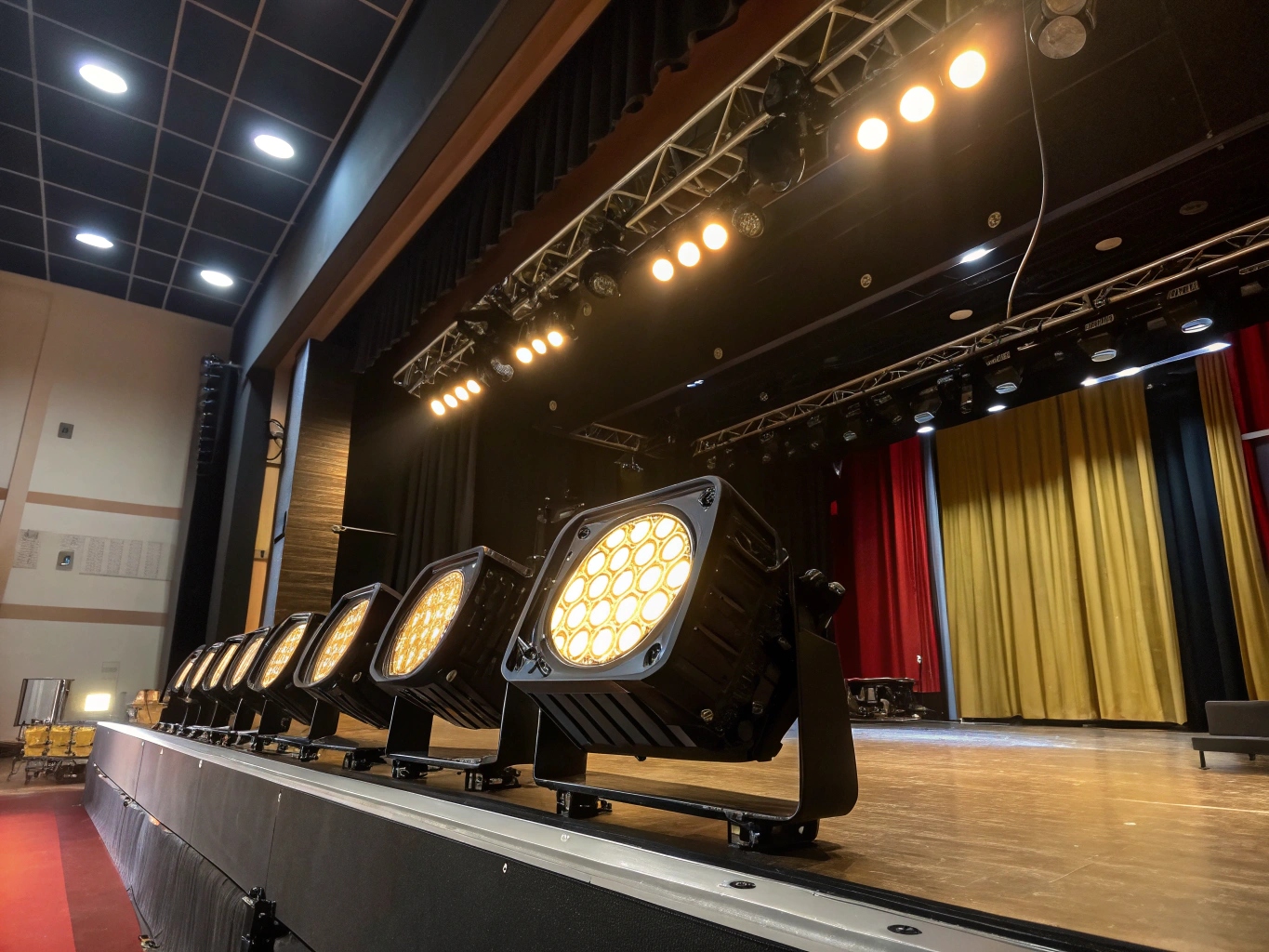 A technician on a tall ladder replacing an old house light fixture in a theater