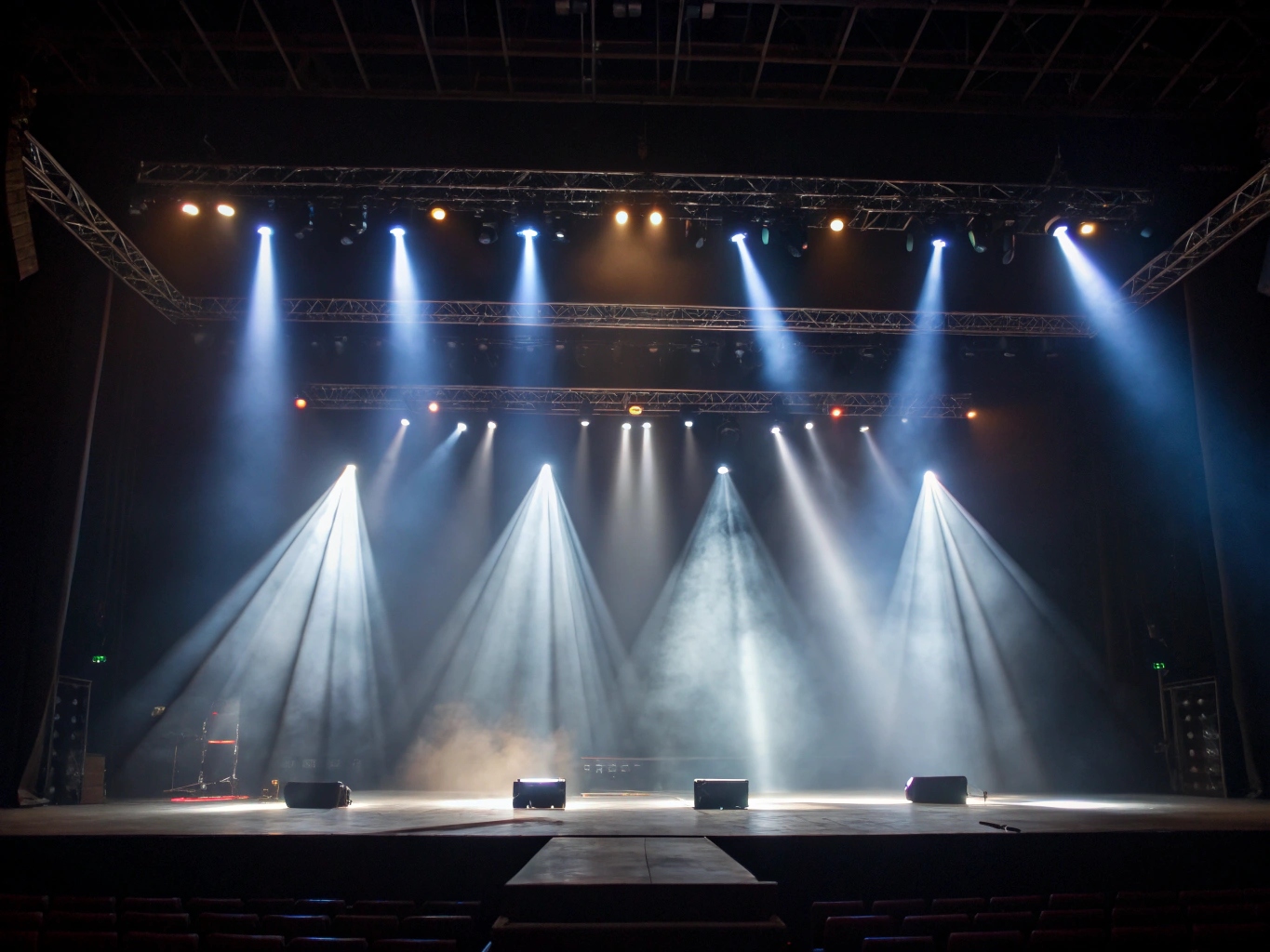 Powerful beams of light from moving heads cutting through a hazy concert environment
