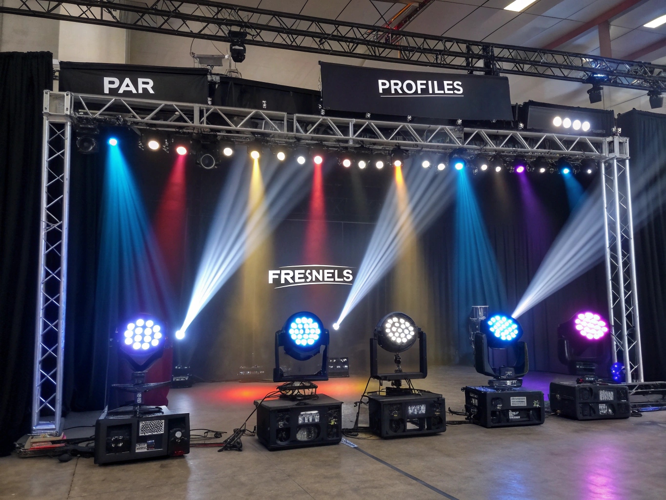 An illustration showing the different beams from a PAR, Fresnel, and Profile light
