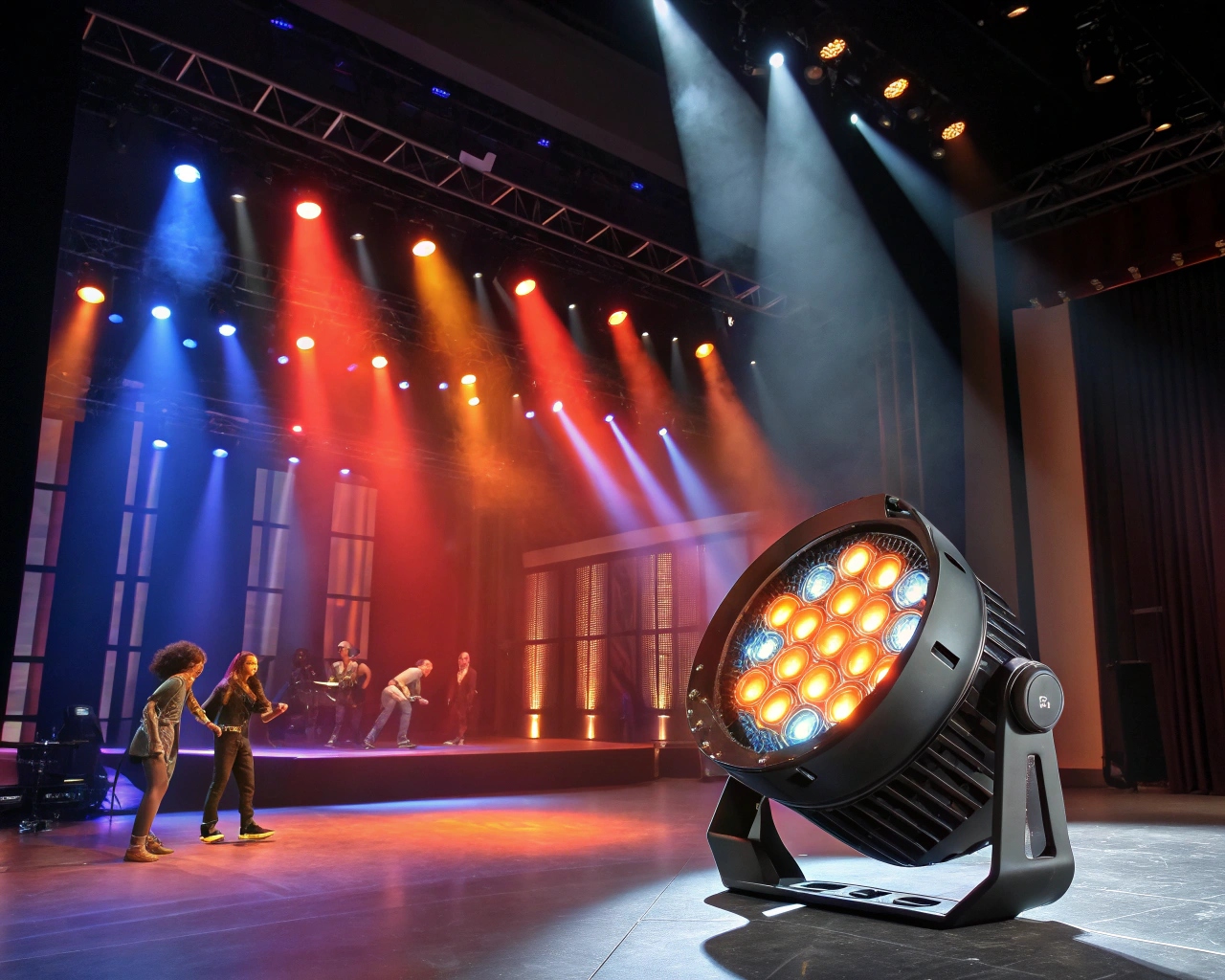 A dramatic theater stage bathed in deep blue and purple LED light