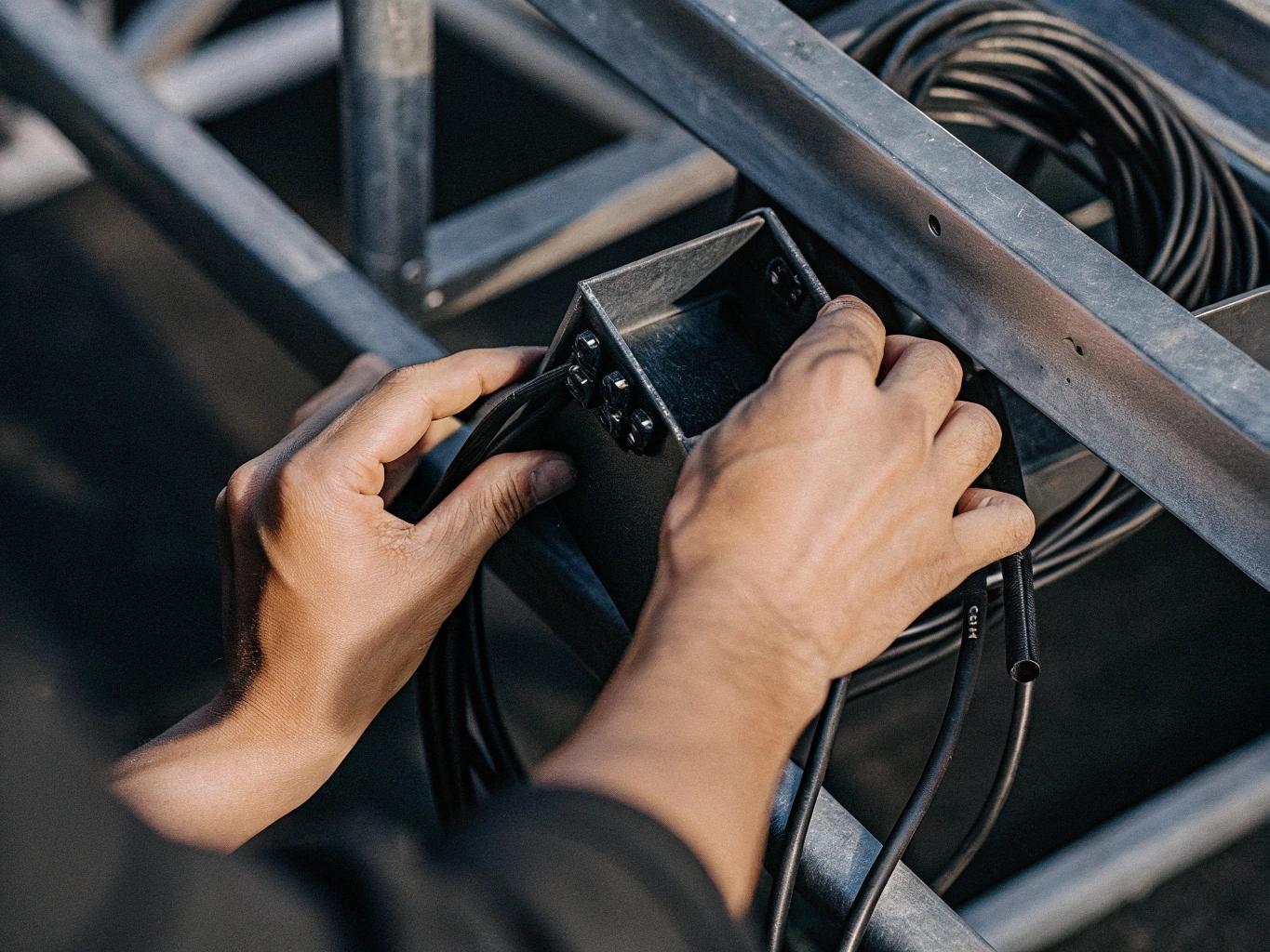 A technician on a ladder attaching a moving head to a truss