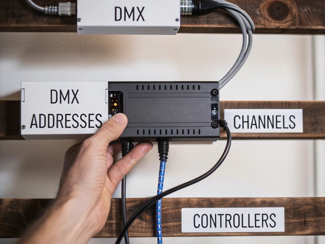 A DMX lighting console with faders and buttons lit up