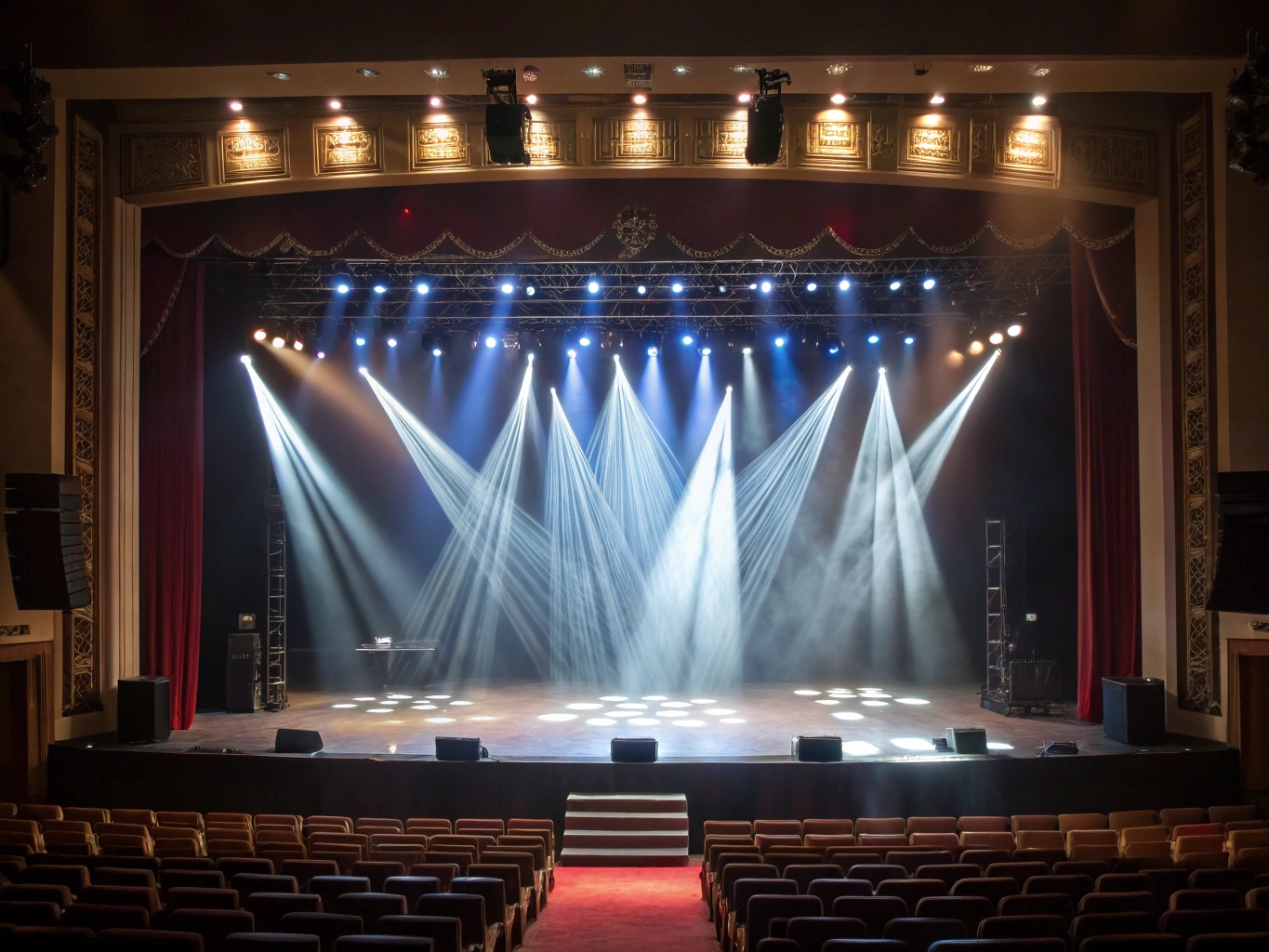 A variety of LED stage lights including PARs, moving heads, and bars