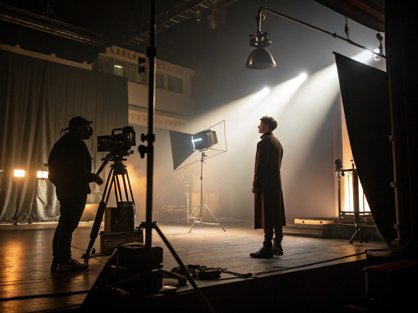 A classic film noir shot with high contrast shadows and a single light source