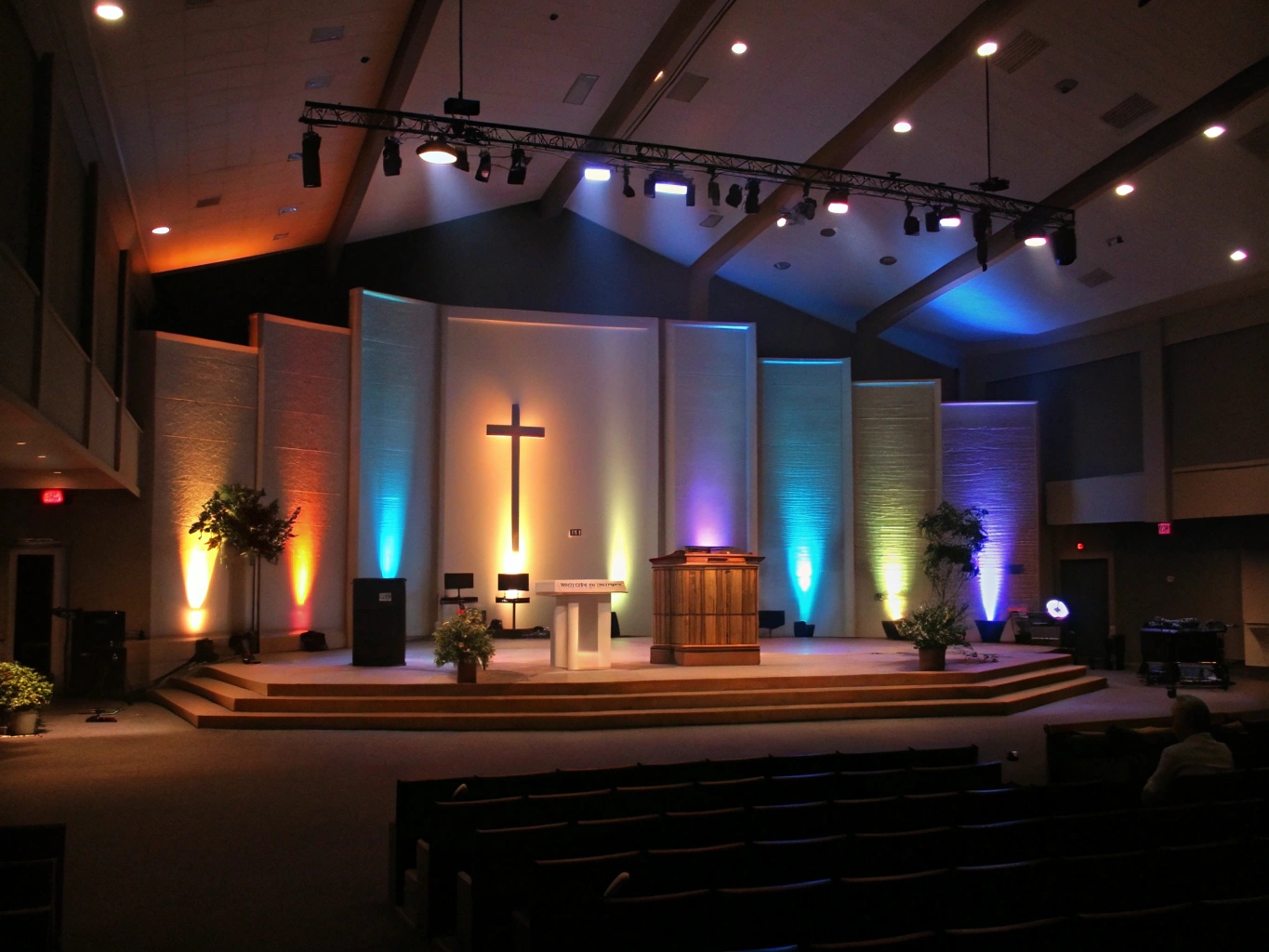 a diagram showing the application of three-point lighting on a speaker at a podium