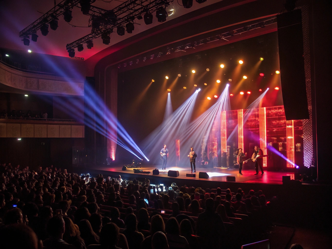 A dynamic rock concert with beams of light cutting through haze over a crowd