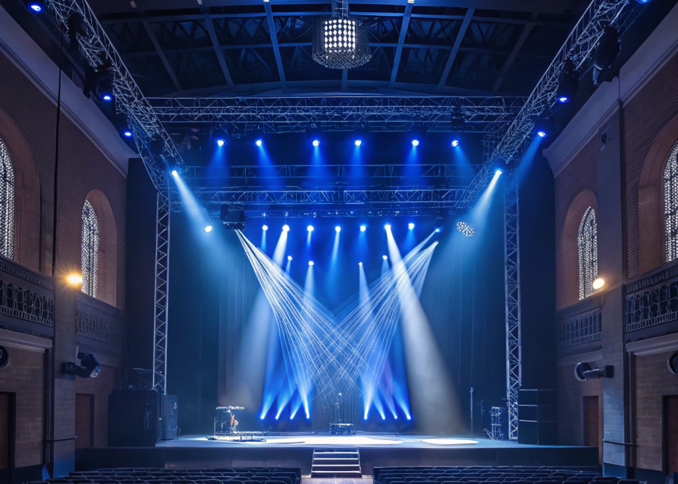 A DJ performing in a nightclub surrounded by fast-moving BEAM lights.