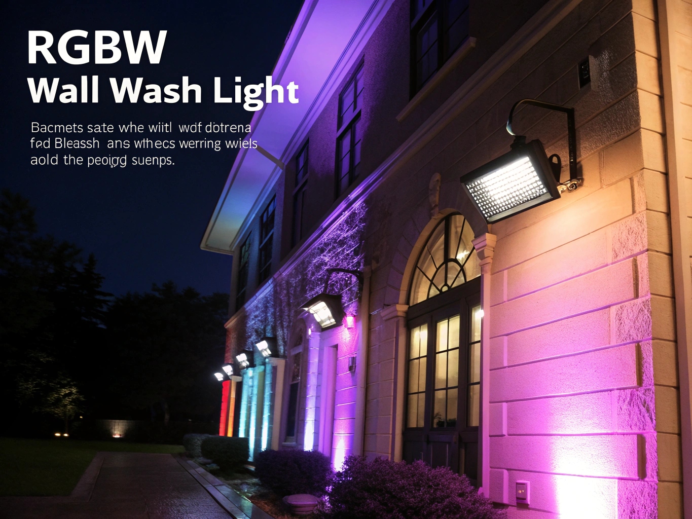 A modern building facade dynamically lit with a vibrant purple color from an RGBW wall washer.