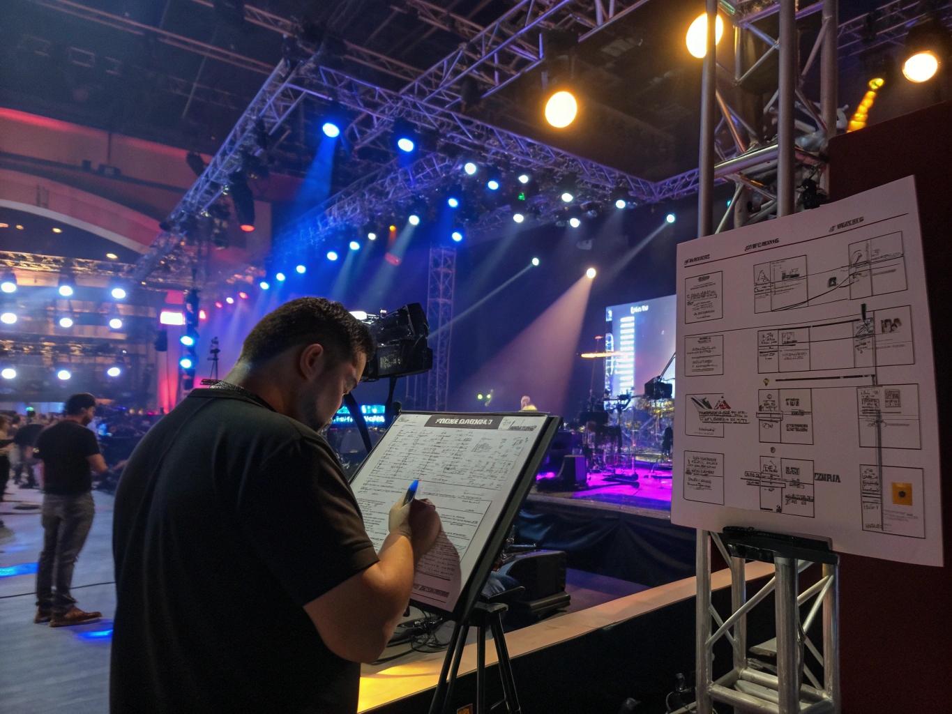 A lighting technician at a console, looking thoughtfully at a stage filled with versatile lighting fixtures.