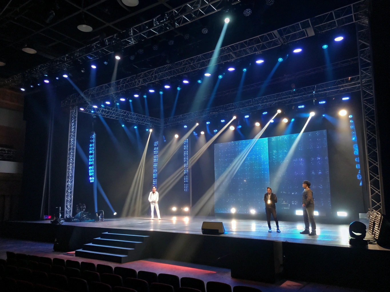 A well-lit stage showing a clear separation between the performer, the background, and the atmospheric lighting.