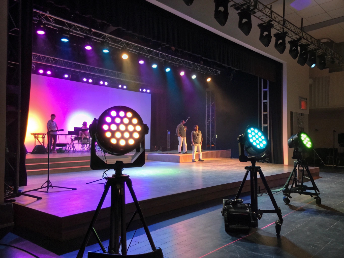 A brightly lit high school stage during a theatrical performance, with clear lighting on the actors and a colored background.