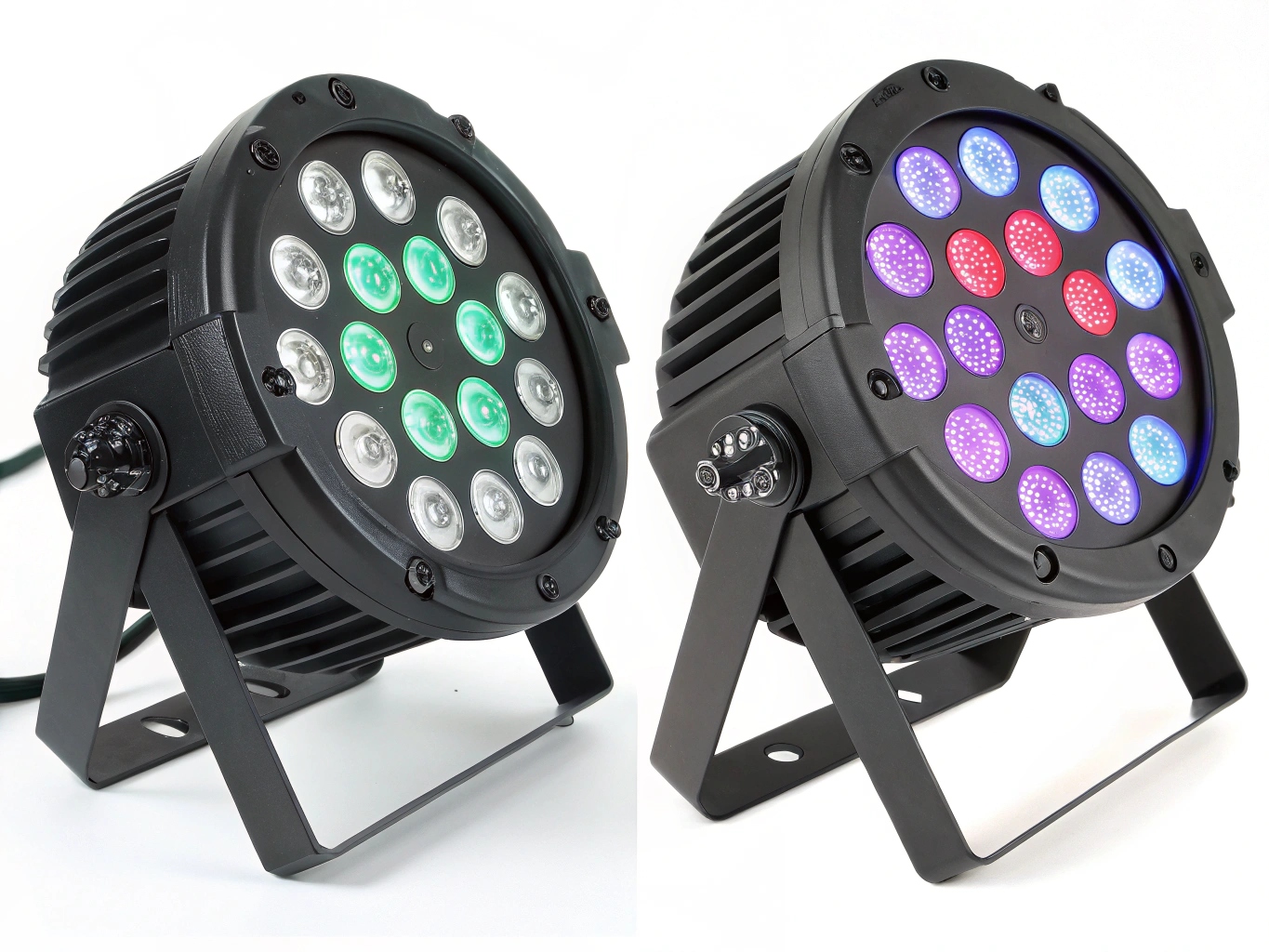 A compact RGBW LED Par Can shining a bright, pure white light on a stage curtain.