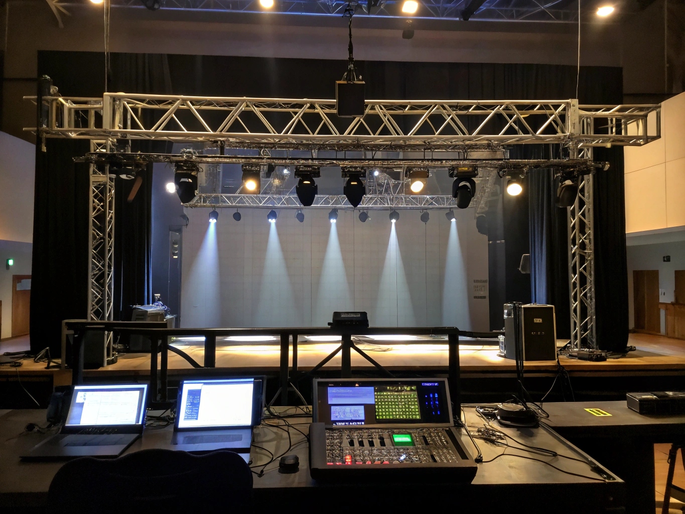 A blank lighting plot on a computer screen next to a small lighting console.