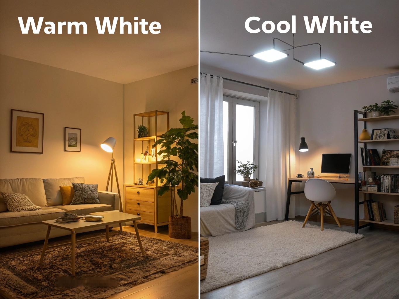 A split image showing a cozy restaurant with warm white and a modern office with cool white light.