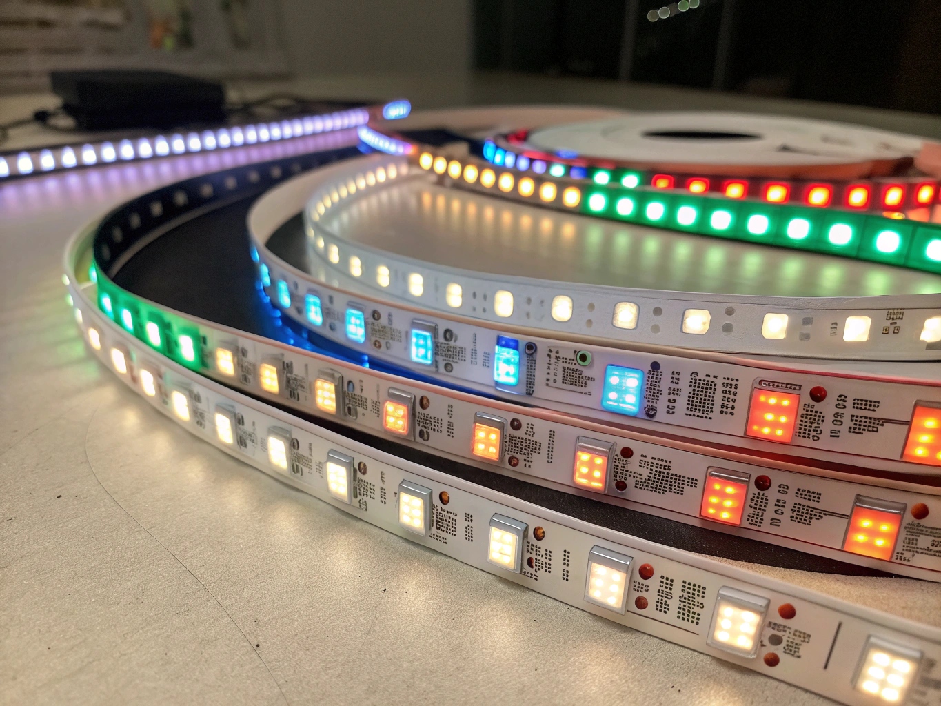 An RGBIC LED strip showing a flowing rainbow effect with multiple colors visible at once.