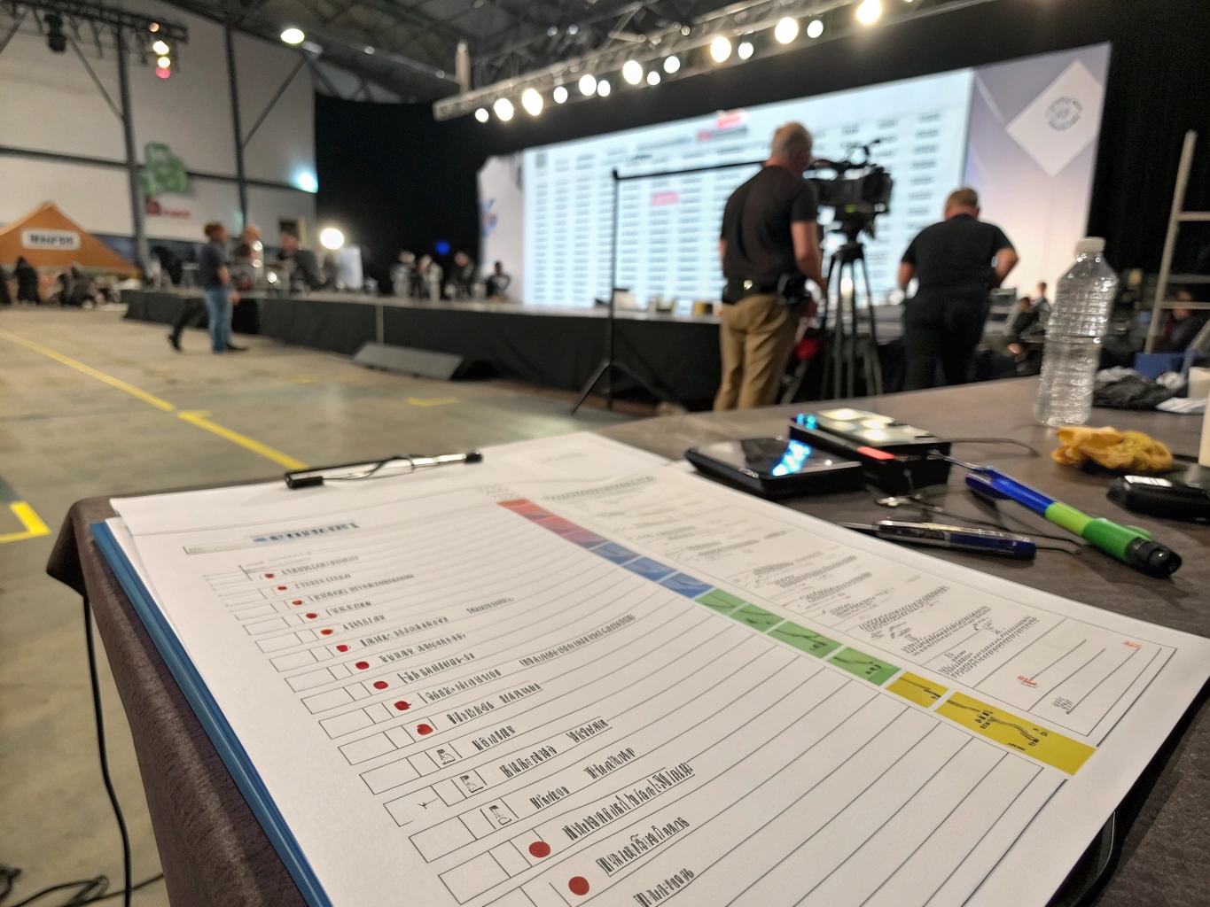 A production crew in a meeting, pointing at blueprints and discussing setup plans.
