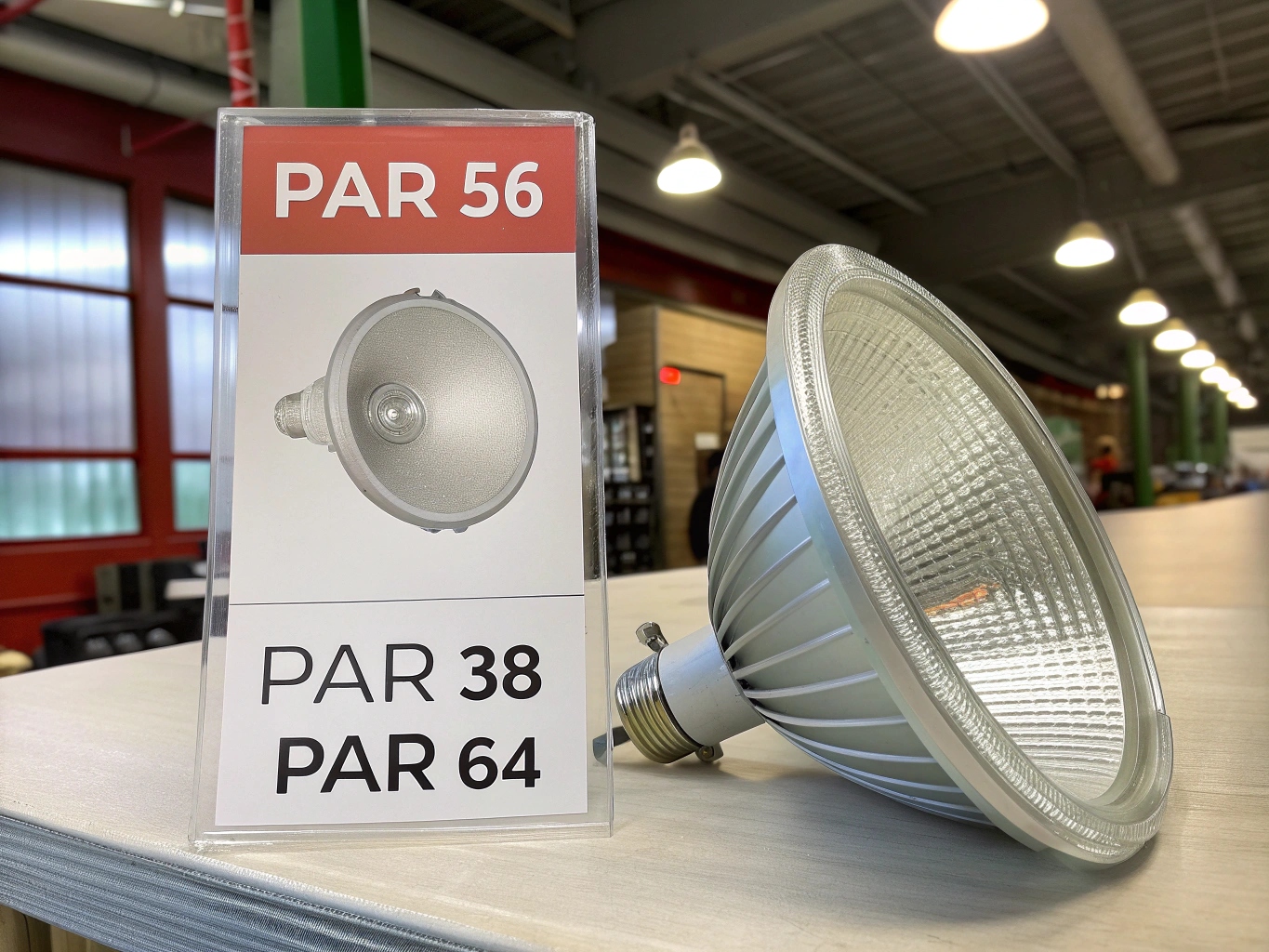 A lineup of different sized PAR cans, with labels showing PAR 64 (large), PAR 56 (medium), and PAR 38 (small).