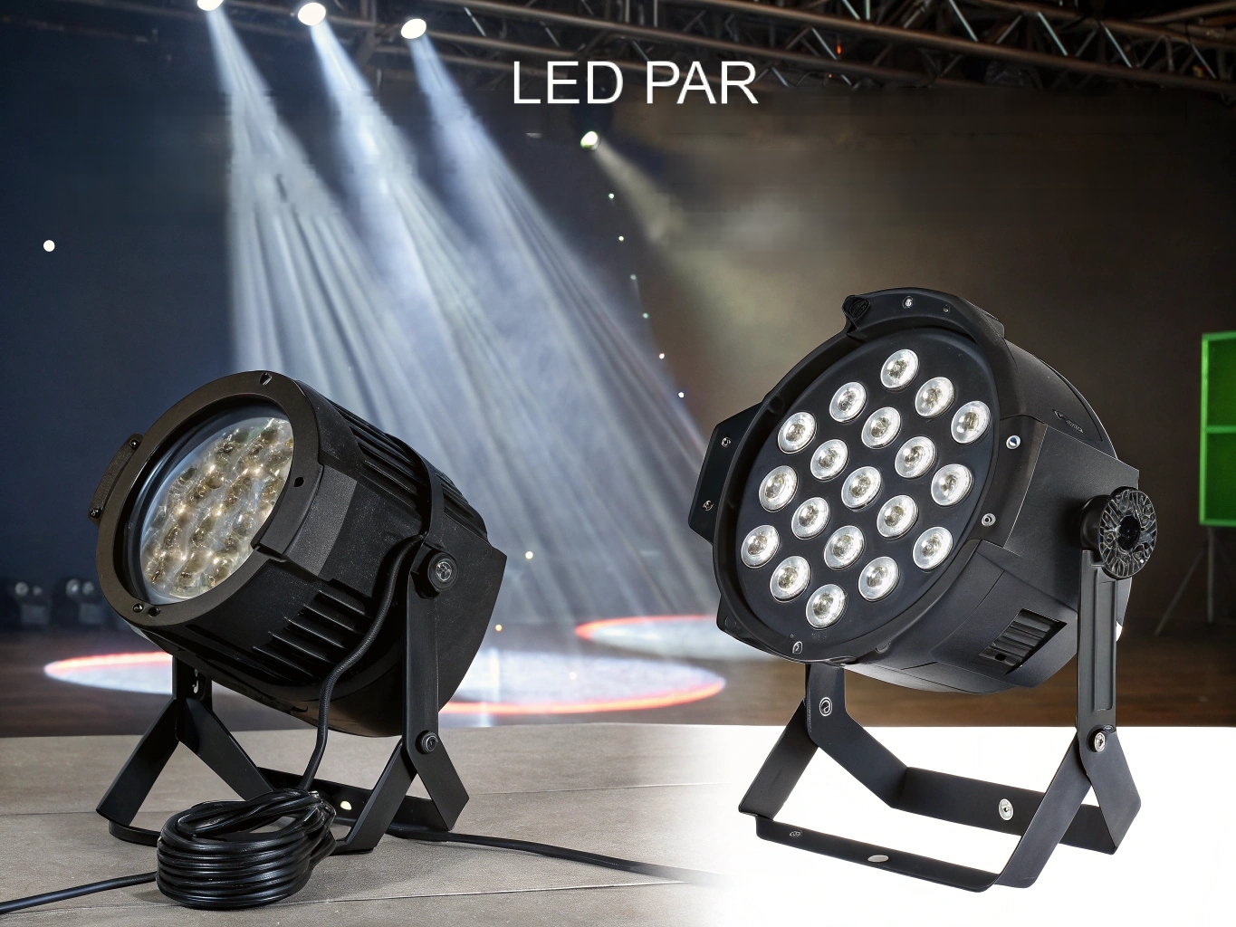 An LED PAR Can and an LED Moving Head light positioned side-by-side, representing the two most popular fixture types.