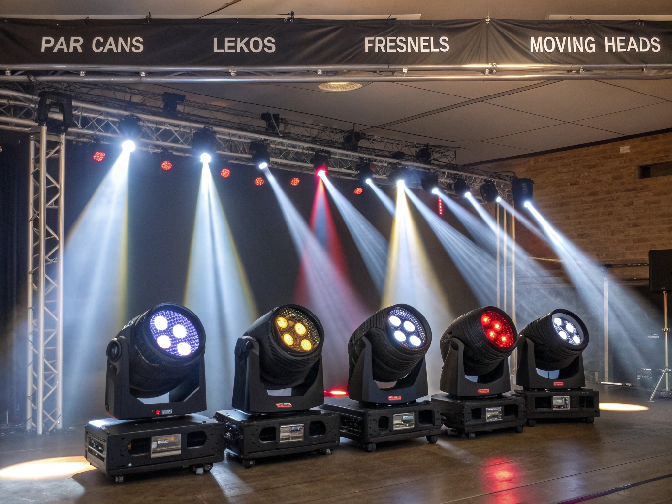 A collection of various stage lighting instruments including PAR cans, moving heads, and ellipsoidals.