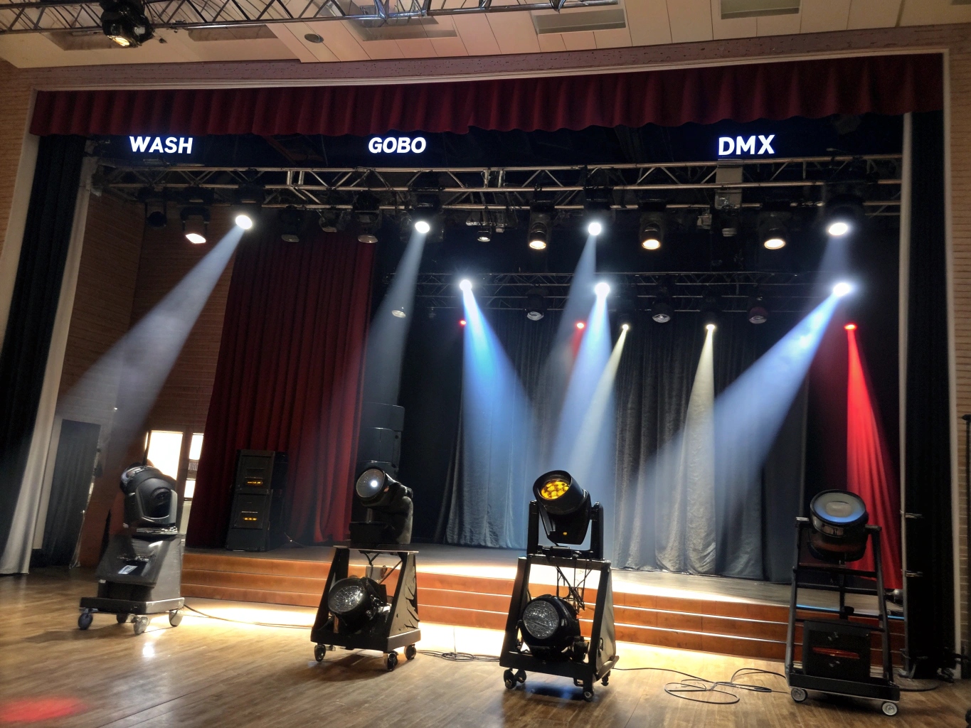 A display showing three types of light: a sharp spotlight, a soft wash, and a colorful moving light effect.