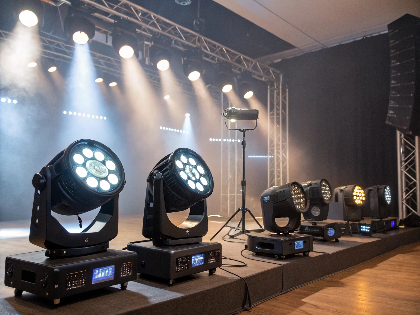 A visual guide showing a Profile Spot, a PAR Wash, and a Moving Head Effect light side-by-side.