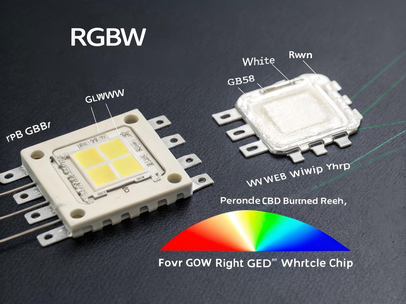 A close-up diagram showing a 4-in-1 LED chip with Red, Green, Blue, and White diodes.