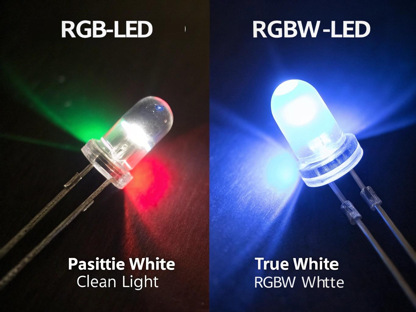 A side-by-side comparison showing the pure white of an RGBW light next to the bluish, fringed white of an RGB light.
