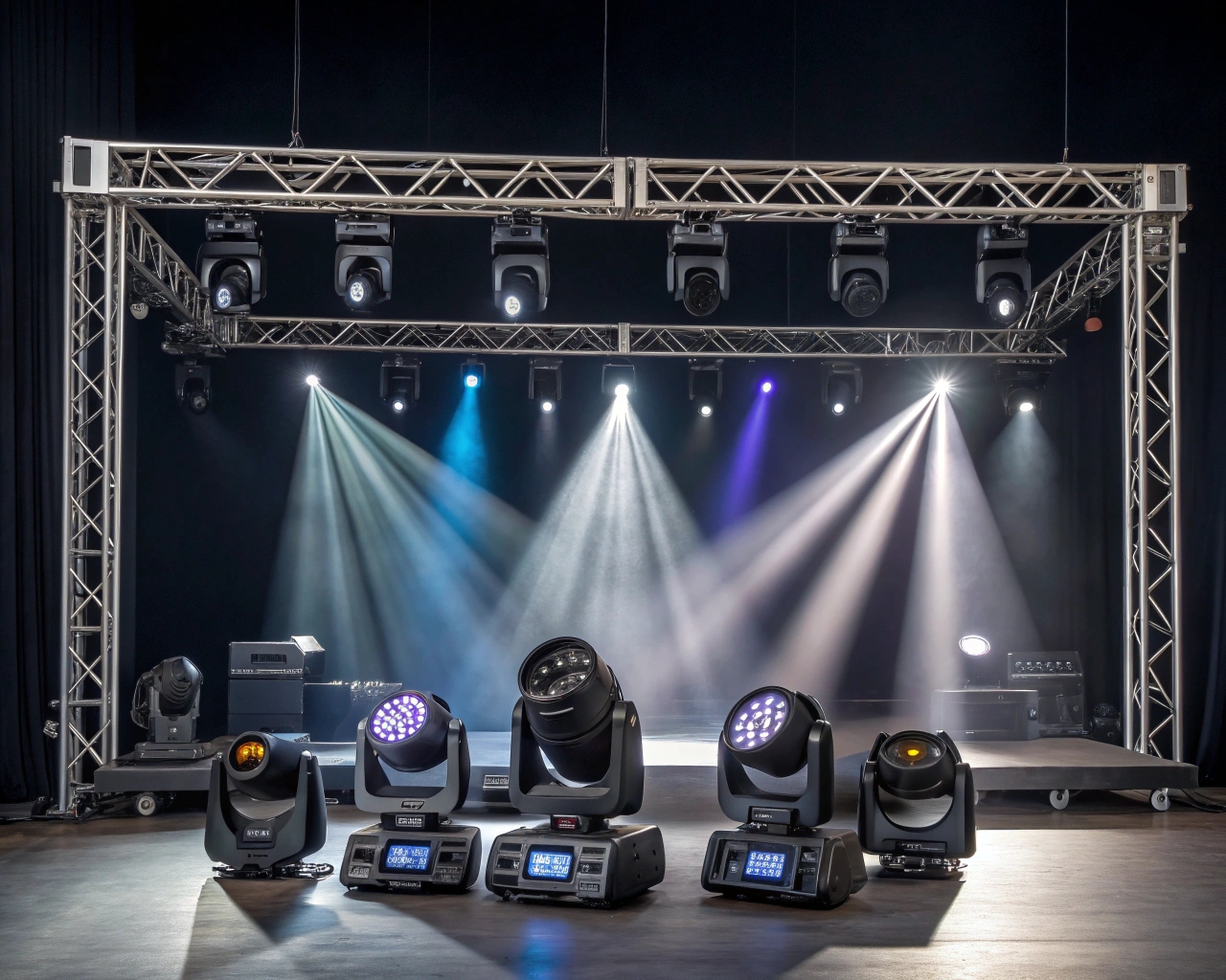 A stage rig showing conventional PAR cans on one truss and automated moving heads on another.