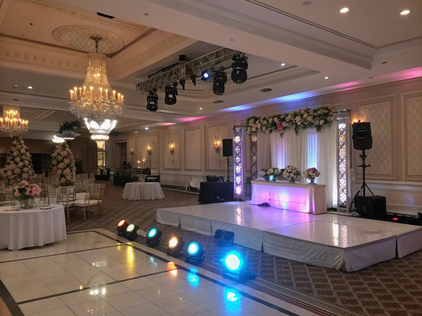A mood board showing color palettes and patterns for different event themes like corporate, wedding, and concert.