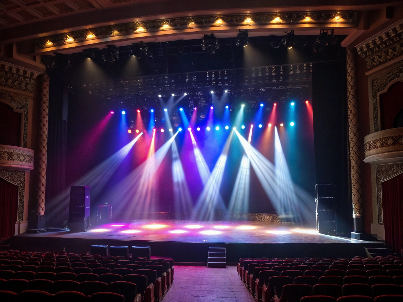 A collage showing the different uses of LED lights: a clearly lit speaker, a stage washed in blue, and a dynamic moving light effect.
