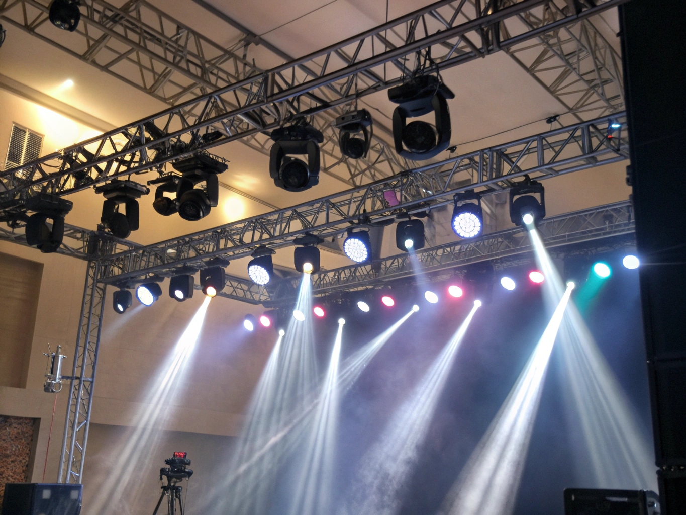 An image showing three different types of LED lights: a Profile spot, a PAR can, and a Moving Head.