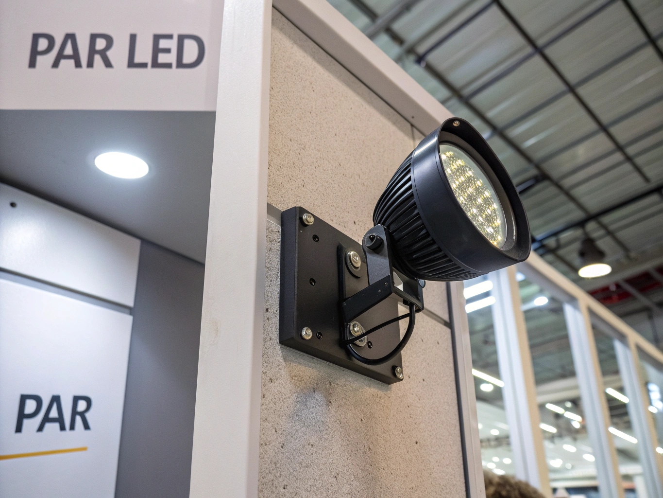 A close-up of a modern LED PAR showing individual lenses over each LED chip instead of a single large reflector.