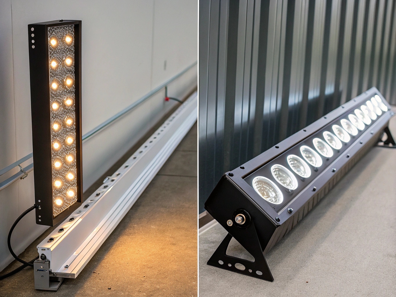 A powerful LED wall washer with visible lenses placed at the base of a tall wall.