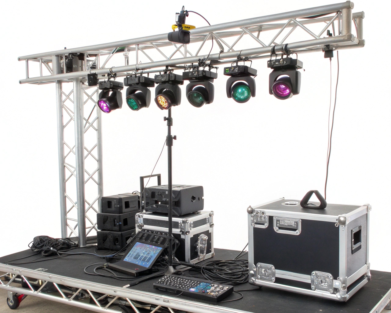 A simple diagram showing the signal flow from a lighting console through a DMX cable to lights mounted on a truss.