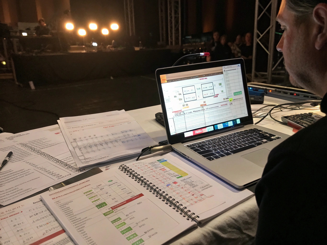 A spreadsheet with event lighting budget line items next to a simple DMX lighting controller.